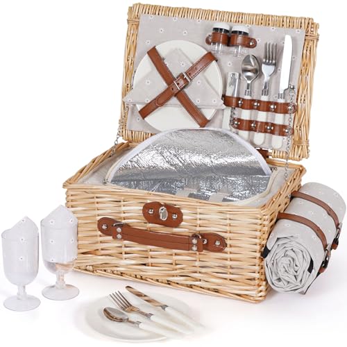 HappyPicnic Picnic Basket Set for 2 - Wicker Picnic Basket with Waterproof Blanket & Insulated Liner, Large Handmade Willow Hamper with Cutlery Kit for Outdoor, Picnic, Camping, Holidays (Flower) - color: White Flower