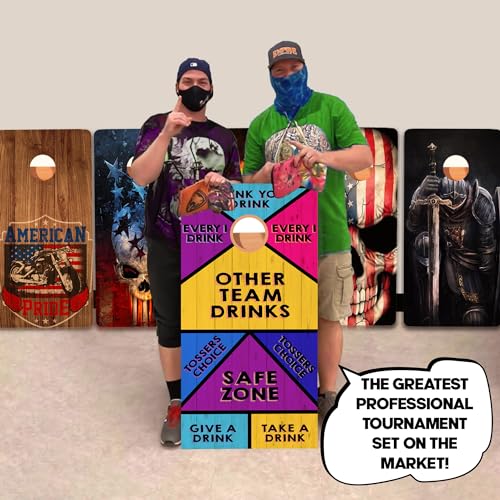 CornholeGamesUSA Pro Cornhole Boards Set | Made in USA | 3/4 Baltic Birch | No Bounce | Triple Thick Legs | Two Brace & Handles, Tournament 2x4 Regulation Set with Score Tower & Cornhole Bags - color: Bright Drinking Game