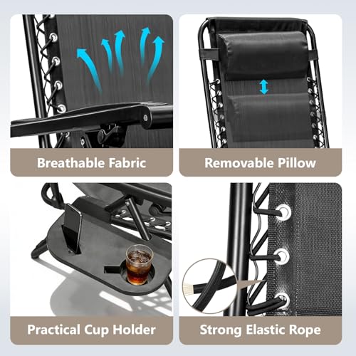 Zero Gravity Chair, Adjustable Lounge Chair, Outdoor Recliner, Folding Anti Gravity Lounge Chairs, Lawn Chairs Reclining with Pillow & Cup Holder for Pool Camping Sunbathing Beach Patio (Black) - color: Jet Black, size: 1pc