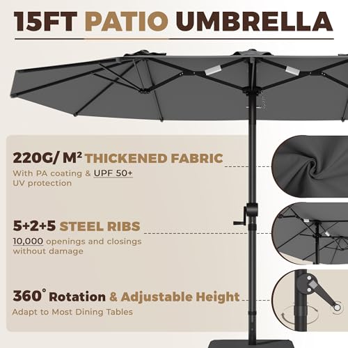 GDPFN 15FT Large Patio Umbrella with Base Included, Outdoor Deck Standing Umbrella with Crank Handle, Double-Side Rectangular Pool Umbrella for Outside, Market, Patio, Dark Gray - color: Dark Gray, size: With Base-no Led