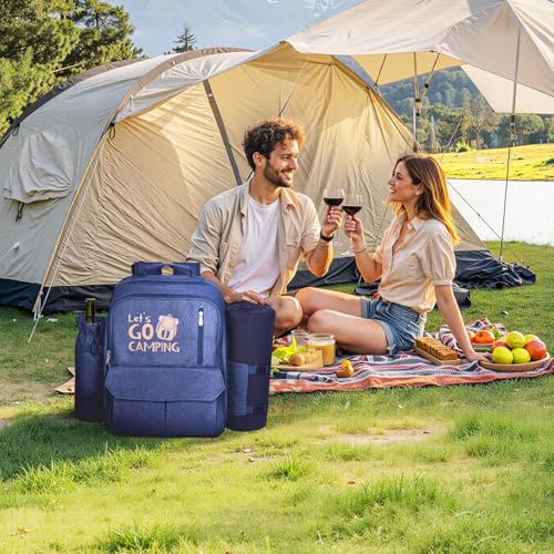 VEVOR Picnic Backpack, Beach Picnic Backpack Bag for 4 Person with Insulated Cooler Compartment, Detachable Bottle/Wine Holder, Lightweight Blanket, Plates and Cutlery Set for Outdoor, Navy Blue - size: single layer for 4 & blue