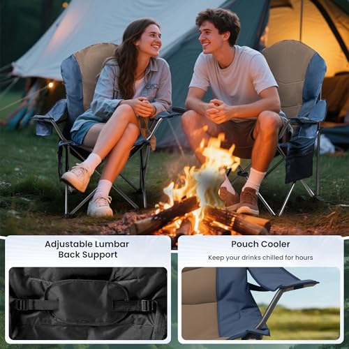 2 Pack Folding Camping Chairs for Adults - High Back Padded Outdoor Lawn Chairs with Lumbar Support & Cup Holder, 400lbs Heavy Duty Portable Camping Chairs Set (Light Blue & Brown, 2 PCS) - color: Light Blue & Brown, size: 2 Pcs