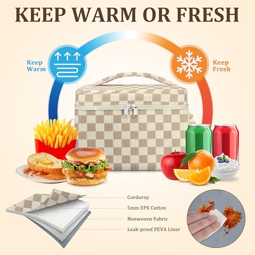 TESAFNG Insulated Lunch Bag for Women, Cute Corduroy Reusable Lunch Box for Adult, Leakproof Cooler Bag for Work Office Travel Picnic, Lunch Tote Bag with Adjustable Shoulder Strap (Checkered Khaki) - color: Checkered Khaki