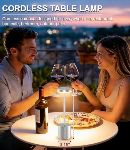 Silver Cordless Table Lamp Rechargeable - 2 Pack 5000mAH Battery Operated Lamp for Counter, 3 Color Stepless Dimming Waterproof LED Wireless Lamp for Dining Kitchen, Outdoor Patio, Touch Control - color: Silver(Set of 2)