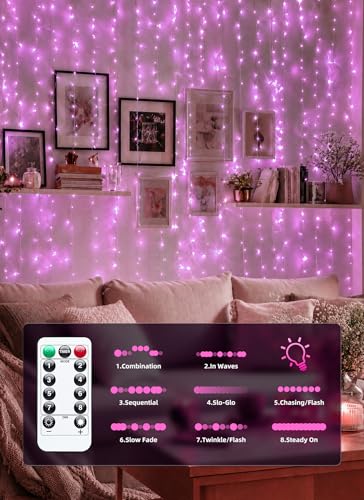 Brightown 300 LED Pink Fairy Curtain Lights, 9.8ft x 9.8ft String Lights, USB Plug in 8 Lighting Modes Christmas String Hanging Lights with Remote for Bedroom Indoor Outdoor Party Xmas Pink 1 Pack - color: Pink, size: 1 Pack-300 LED