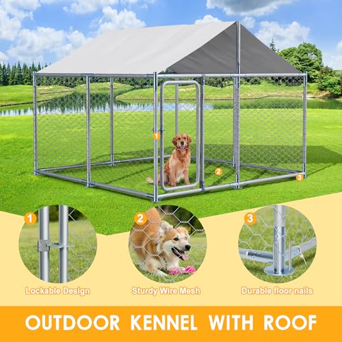 7.5 FT Large Outdoor Dog Kennel with Roof Heavy Duty Dog Kennel House, Galvanized Chain Link Dog Runs Pet Playpen with Waterproof UV-Resistant Cover and Secure Lock - size: 90"×90"×63"