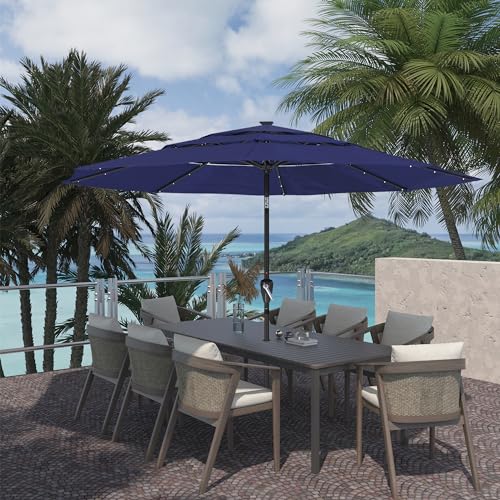 Boyel Living 11ft Patio Umbrella with Solar LED lights Outdoor Umbrella with Tilt Outdoor Large Table Market Umbrella for Poolside Deck Garden Backyard - color: Navy Blue