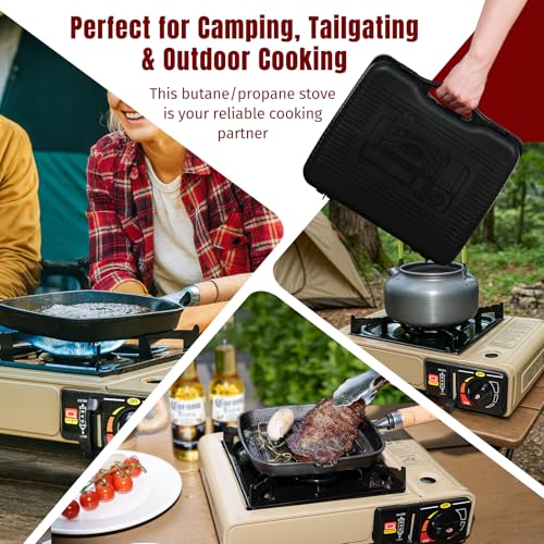 SHINESTAR Dual Fuel Camping Stove with Butane & Propane Compatibility, Portable Stove for Outdoor Cooking, Propane Adapter Hose, Wind Guard and Carrying Case Included (Fuel Not Included) - color: Khaki - 7800 BTU Dual Fuel with Windscreen