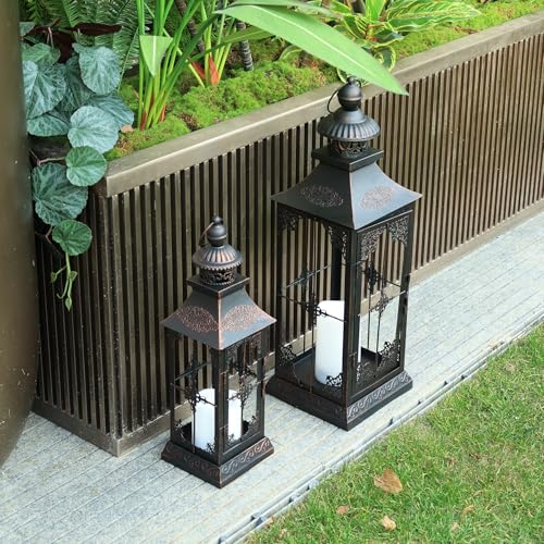 LED Lanterns Decorative Outdoor&Indoor, 23'' 16‘’ Large Black Lanterns Set with 2 Flameless Candles, Metal Holders for Porch, Patio, Garden, Home, Fireplace, Christmas Decorations Decor - color: 23‘’ + 15‘’ / Timer