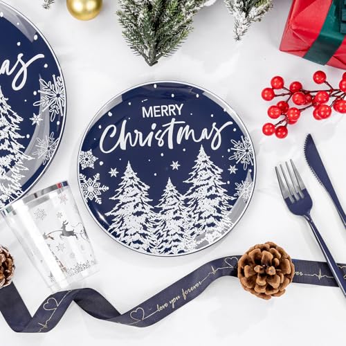 Supernal 150pcs Blue Christmas Plastic Plates - Christmas Party Tableware Set Include Blue Plastic Plates with White Xmas Trees, Heavy Duty Silverware Disposable, Silver Cups for New Year - color: 150pcs Blue and White Christmas Plastic Dinnerware Set
