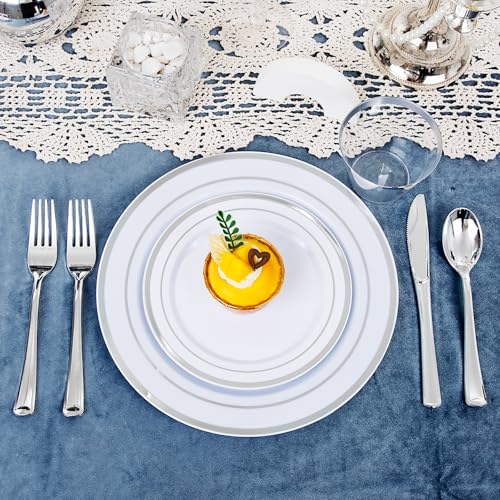 WELLIFE 450 PCS Silver Disposable Dinnerware Set for 75 Guests, Wedding Plates Silver Plastic Plates for Party, Including 75 Dinner Salad Plates, Cups, Forks Knives Spoons for Wedding and Party - color: Silver, size: 75 Guests