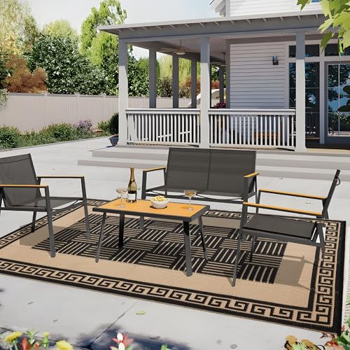 YONILE Outdoor Rug 5x8 ft Waterproof, Reversible Outdoor Plastic Straw Rug for Patios Clearance, Outdoor Area Rug Carpet RV Mat for Camping Backyard Deck Porch - color: Black&coffee-striped, size: 5x8ft