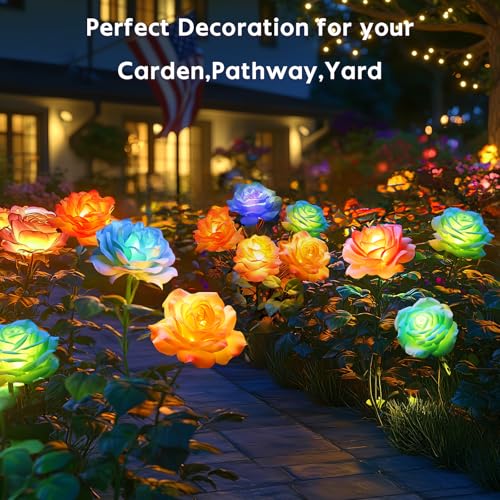 Solar Garden Lights Outdoor Waterproof: 6 Pack LED Solar Flowers Lights Garden Decor - 7 Color-Changing Spring Solar-Powered Stake Rose Decor for Patio Outside Yard Pathway Lawn Cemetery Decorations - size: 6 Pack