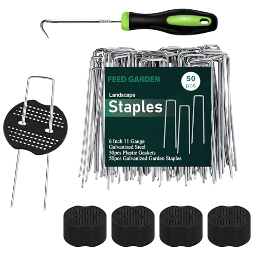FEED GARDEN 6 Inch 50 Pcs Galvanized Landscape Staples 50 Pcs Gaskets Pick Hook Garden Stakes 11 Gauge Anti-Rust Landscaping Fabric SOD Pins U Shaped Yard Turf Stakes for Weed Barrier Fabric