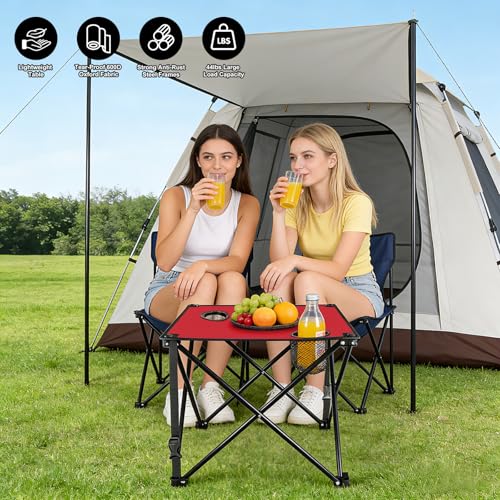 2 Pack Portable Camping Table, Ultralight Picnic Table Foldable with 2 Cup Holders and Carrying Bag for Outdoor Camping Picnic BBQ Beach Party Patio Fishing, Steel Frame, High-Grade 600D Oxford Fabric - color: Red, size: 2 Pack
