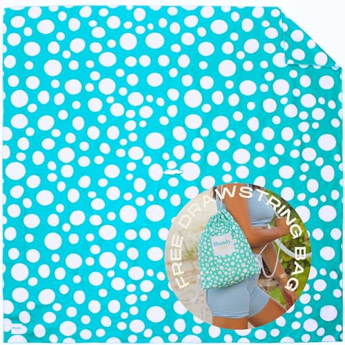 Plush Microfiber Beach Blanket, Large Beach Mat for 1-4 Persons, Sandproof, Windproof | Hole for Umbrella, Corner Sand Pockets to Fight Wind (Bag for Blanket Included) - color: Teal & Dots, size: Large