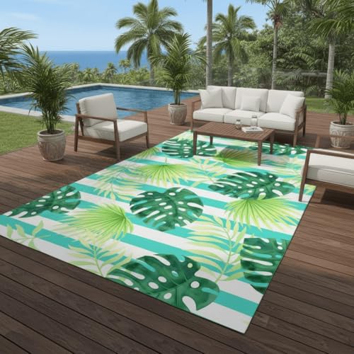 Waterproof 10x14 Outdoor Patio Rug Boho Tropical Palm Monstera Stripe Style Washable Outside Area Rugs for Porch Deck Garden Balcony Foldable RV Camping Picnic Outdoor Carpet Emerald Green - color: B, size: 10x14
