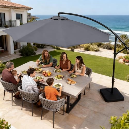OLILAWN Cantilever Offset Patio Umbrellas, Outdoor 10 feet Large Patio Umbrella with Base Included, Upgraded Yarn-dyed Fabric Shade, Sturdy 8 Rids, 360 Degree Rotation & Easy Tilt Adjustment, for Pool Deck Porch Backyard Garden - color: Charcoal, size: 10