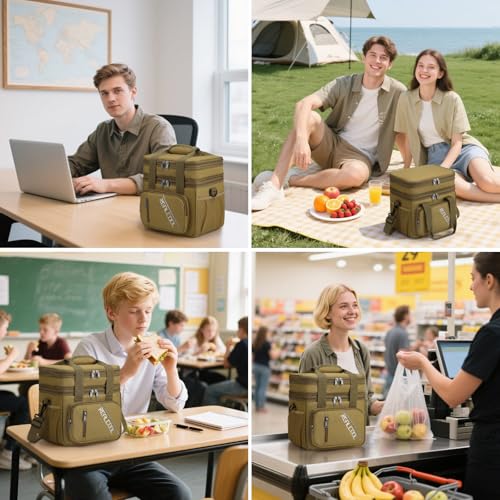 RealCool Lunch Bag, Insulated Lunch Box for Men Women, Double Deck Leakproof Soft Cooler Bag with Adjustable Strap, Reusable Lunchbox for Work, Travel, Camping (Khaki) - color: Khaki