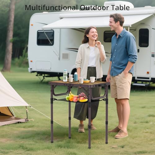 Anbte 2ft Camping Table Foldable with Storage Net, 3 Adjustable Heights 27.5" Aluminum Small Portable Table with Carrying Handle, for Outdoor Indoor Picnic Beach Party Travel, 24" X 16", Brown - color: Brown, size: 24"L x 16"W x 27.5H"