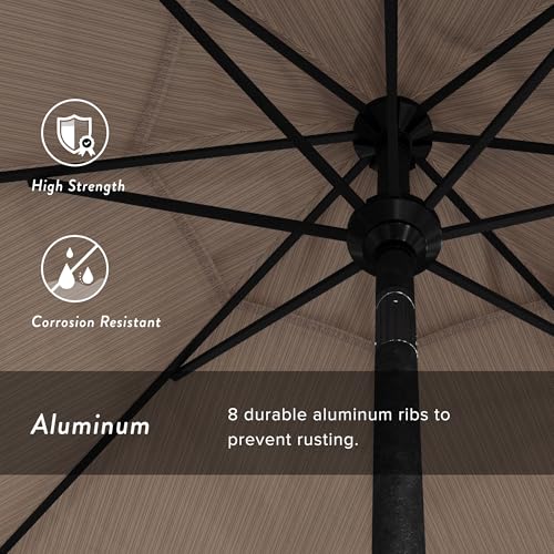 California Umbrella 9' Round Aluminum Market Umbrella, Crank Lift, Push Button Tilt, Black Pole, Terrace Sequoia Olefin - color: Terrace Sequoia