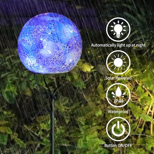 VCUTEKA Solar Outdoor Lights Garden Decor Mosaic Solar Garden Lights Waterproof Glass Ball LED Pathway Stake Light for Landscape Lawn Patio Yard Decoration 6 inch, Blue - color: Blue