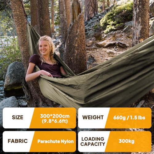 NATUREFUN Ultra-Light Travel Camping Hammock | 300kg Load Capacity,Breathable,Quick-Drying | 2 x Premium Carabiners,2 x Nylon Slings Included | Outdoor Indoor Garden - color: Army-green, size: 300x200cm