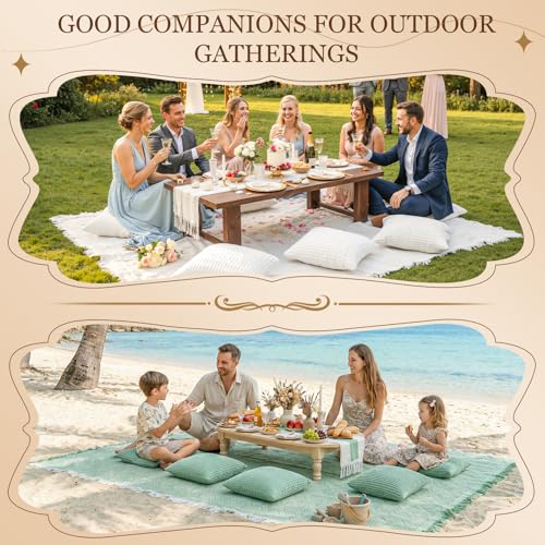 Extra Large Outdoor Boho Picnic Blanket with Table Runner and 6 Throw Pillows Covers Wedding Party Decoration Photoshoot Home Garden Party Decor Patio Lawn Outdoor Mat Beach Party theme Supplies White - color: White