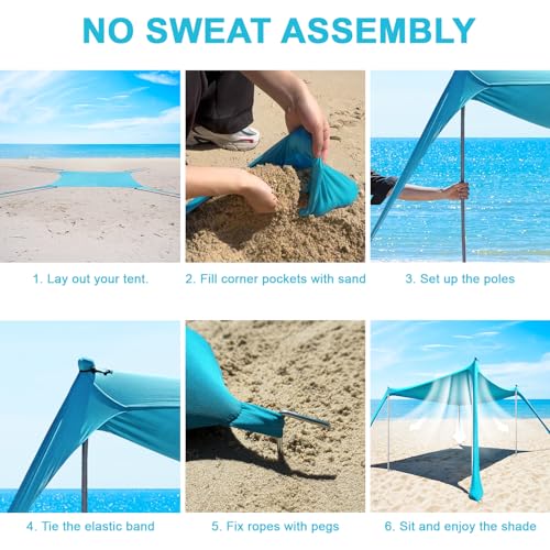 Beach Tent - 10 x 10 FT Beach Canopy, Outdoor Shade Canopy for Camping, Portable Beach Tent Sun Shelter UPF50 with 4 Sandbags, Anti-Wind Ropes, Ground Pegs and Stability Poles, Light Blue - style: 10*10 FT 4 Pole-Light Blue