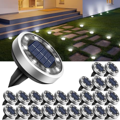 btfarm 24 Pack Solar Lights Outdoor, 8 LED Solar Ground Lights IP65 Waterproof Flat Solar Disc Light, Pathway Lights for Garden Lawn Patio Yard Path Landscape, Cool White - color: Cool White, size: 24 Pack