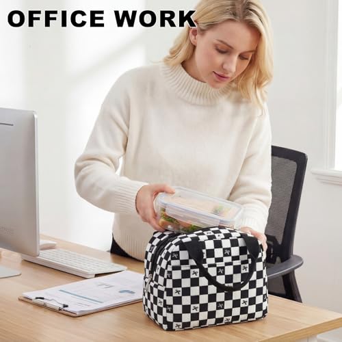 LEDAOU Lunch Box for Women Insulated Lunch Bag Corduroy Lunch Tote Bags Leakproof Cooler Lunch Case for Travel Work Picnic (Black Checkered Bow) - color: Black Checkered Bow
