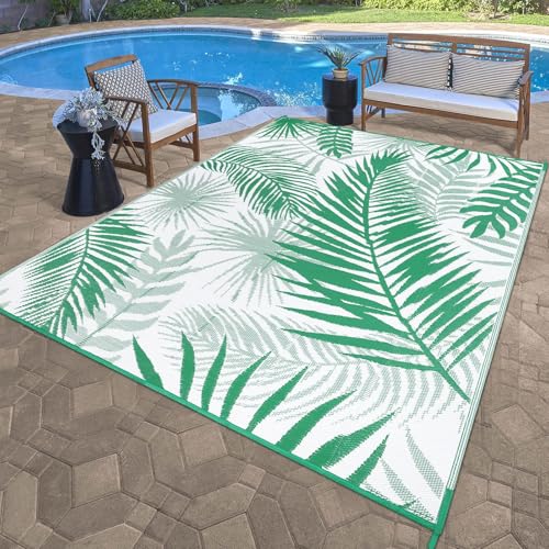 Outdoor Rug 8'x10' Waterproof for Patios Clearance, Reversible Outdoor Plastic Straw Rug Camping Carpet, Outside Floor Mats Large Area Rugs for RV,Patio,Deck,Porch, Beach,Balcony,Green&White - color: Green&white, size: 8' x 10' (Rectangular)