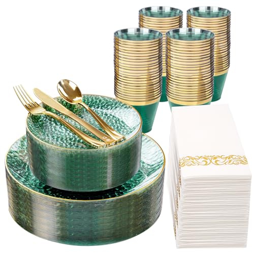 DaYammi 350 Pcs Clear Green Gold Plastic Plates, Hammered Disposable Dinnerware, Clear Green Plates Set Include 100 Plastic Platos, 150 Gold Disposable Silverware, 50 Cups and 50 Napkins for Party - color: Clear Green, size: 350 Pcs