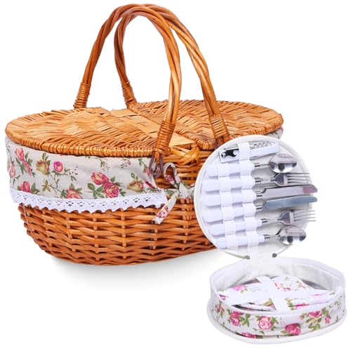 Wicker Picnic Basket with Handle, 15" Large Picnic Basket with Lid & Removable Liner, Vintage Hand Woven Basket with Cutlery Set for Picnics, Camping, Thanksgiving, and Birthday - color: Flower, size: 4-person