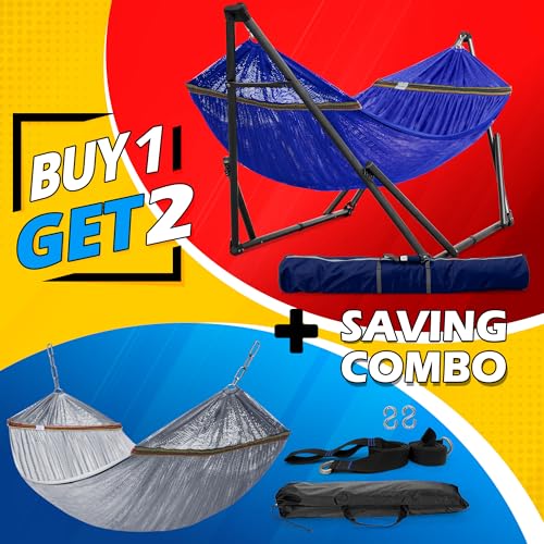 Tranquillo Combo x2 Hammocks with Stand for Outside & Tree Straps, Heavy Duty Hammock with Stand 600lbs for Indoor Outdoor Patio Backyard, x2 Hammocks for 2 Person (Combo - Blue, Medium) - color: Combo - Blue