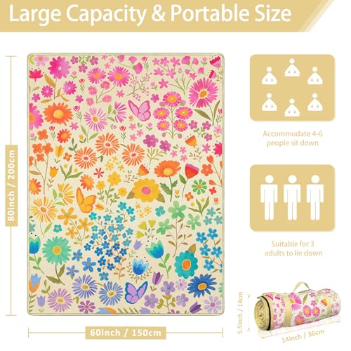 Floral Picnic Blankets Waterproof Foldable, 60″X80″ Packable Picnic Mat Flowers Outdoor Blanket for Grass, Large Beach Blanket Sandproof Picnic Accessories for Camping Music Festival Park Lawn Travel - color: B02, size: 5' X 6'8" (Rectangular)