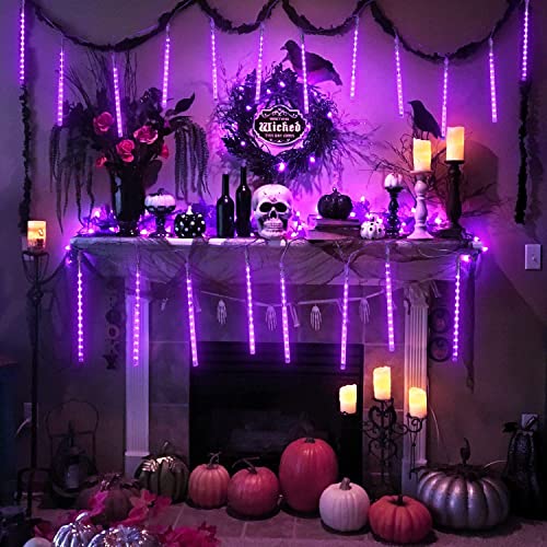 JMEXSUSS 2 Pack Purple Solar Halloween Lights, 16 Tube 288 LED Solar Meteor Shower Rain Lights, Christmas Light Outdoor Waterproof for Tree Halloween Christmas Decorations - color: Purple, size: 2*144LED
