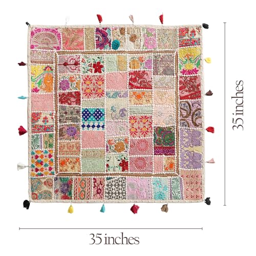 THE ART BOX Cotton Patchwork Vintage Boho Embroidered Floor Pillows & Cushion Cover Dog Pouf Seating Pouf Meditation Pillow Pet Bedding Cat Bed Boho Home Décor (35x35 Inches, Cover Only) - color: White