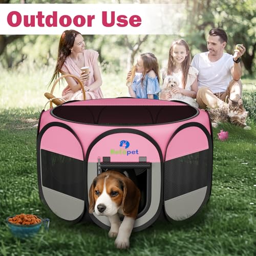 Playpen for Small Dogs Cats Crate: Puppy Play Pen Indoor Outdoor Foldable Potable Exercise Cage Pop up Kennel for Guinea Pig Rabbits Hamster Travel with Carrying Case & Food Bowl (Pink, L, 1) - color: Pink, size: L