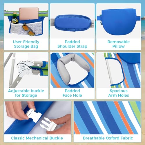 #WEJOY Folding Tanning Chair with Face Hole, 5 Positions Face Down Beach Lounge Chairs with Pillow for Outside Sunbathing Poolside (Blue/Green) - color: Readease-face Hole Blue/Green, style: ReadEase 5 Position Face Hole