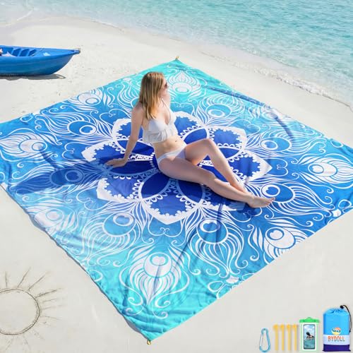 BYDOLL Beach Blanket Waterproof Sandproof Large Sand Free, 78''X81'' Oversized Sandless Lightweight Blanket Picnic Mat for Beach Travel Camping Hiking with Stakes - color: Floral Mandala, size: 78"X81"