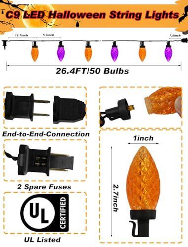 Halloween C9 String Lights Outdoor, 26.4Ft C9 Halloween Decorations Lights with 50 LED Orange and Purple Lights Waterproof, Hanging Plug in Lights String for Outside Holiday Party Patio Yard Decor - color: Strawberry Orange Purple