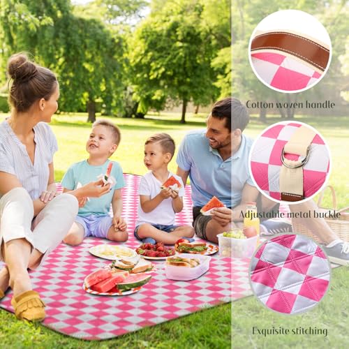 Nuanchu Checkered Picnic Blanket Extra Large Outdoor Blanket Sandproof 80"x80" Waterproof Portable Machine Washable 3 Layer Thick Gingham Picnic Mat for Beach Camping Park Grass Travel(Bright Pink) - color: Bright Pink