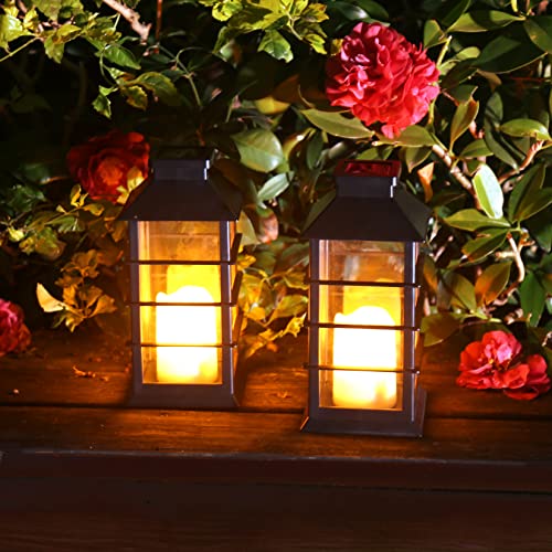 2 Pack Outdoor Garden Hanging Lanterns with Waterproof LED Flickering Flameless Candle Solar Powered Lights Yard Decor Outdoor Decorative for Pathway Courtyard Party Patio Christmas (Black)