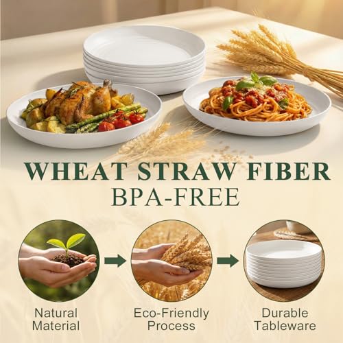 Wheat Straw Plates 10 Inch, Reusable Plastic Plates Set for 8, Unbreakable Dinner Plates for Salad, Noodle, Microwavable Plates for Kitchen, Outdoor, Camping, RV - White - color: White, size: 10 Inch