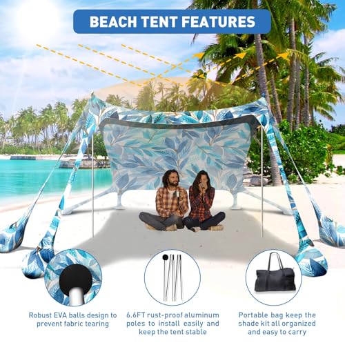Beach Tent Sun Shelter 10x10ft Beach Canopy Easy Pop Up Sun Shade Portable UPF50+ with 8 Sandbags-2 Sand Shovel-4 Aluminum Poles-Ground Pegs for Outdoor Family Camping Fishing Backyard Picnic - color: Fronds, size: 10x10 FT 4 Pole