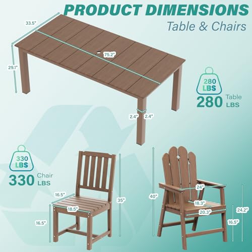 9-Piece Patio Dining Set, Outdoor Dining Set for 8, HDPE All-Weather Outdoor Furniture with 75.20” Umbrella Hole Table, 2 Armchairs & 6 Armless Chairs, Brown - color: Brown, size: 2 Armchairs & 6 Armless Chairs