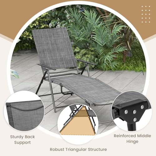 Giantex Lounge Chair Outdoor Set of 2 - Tanning Chair with 6 Adjustable Backrest, 2-Level Footrest, Folding Sunbathing Lounger for Patio, Poolside, Yard, Chaise Lounge Chair, Beach Chair (Grey) - color: Grey