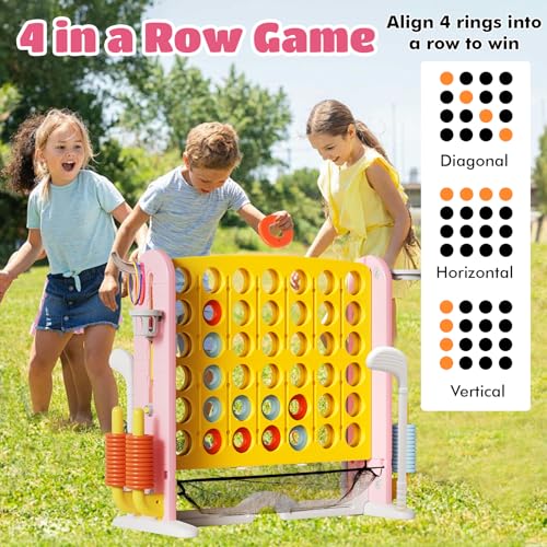Ancaixin Giant 4 in-A-Row Connect Game Set, Adjustable Height Jumbo Yard Game with Basketball Hoop, Golf, Mesh Pocket & Ring Toss, Indoor Outdoor Family Backyard Party Game for Kids and Adults, Yellow - color: Yellow