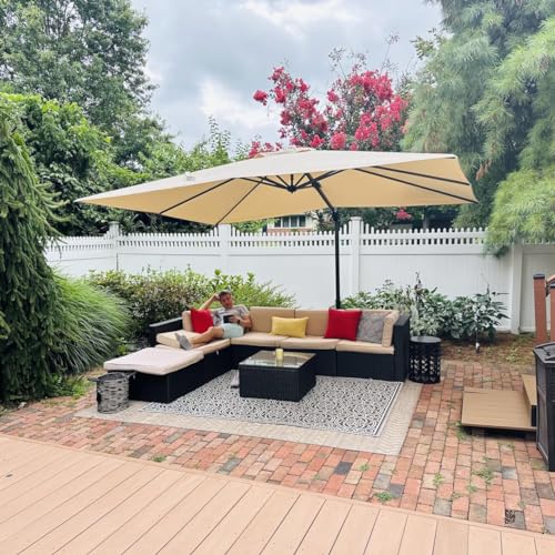 PURPLE LEAF 10 Feet Patio Umbrella Outdoor Cantilever Square Umbrella Aluminum Offset Umbrella with 360-degree Rotation for Garden Deck Pool Patio, Beige - color: Beige, size: 10' X 10', style: Standard